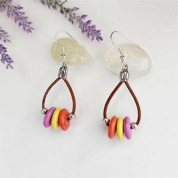 Leather Cord Dangle Earrings, Multicolor Turquoise Stone Beads Drop Earrings - Picture 8 of 9